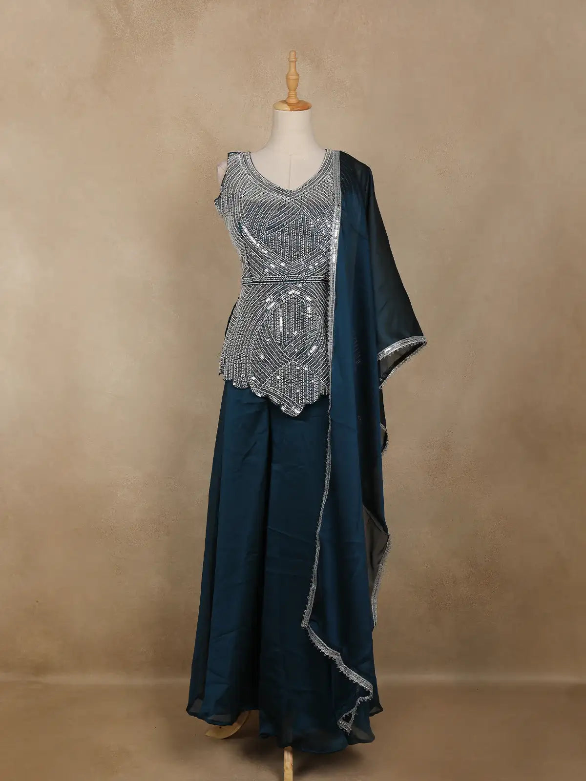 Teal Blue Floral Design Chiffon Palazzo Suit