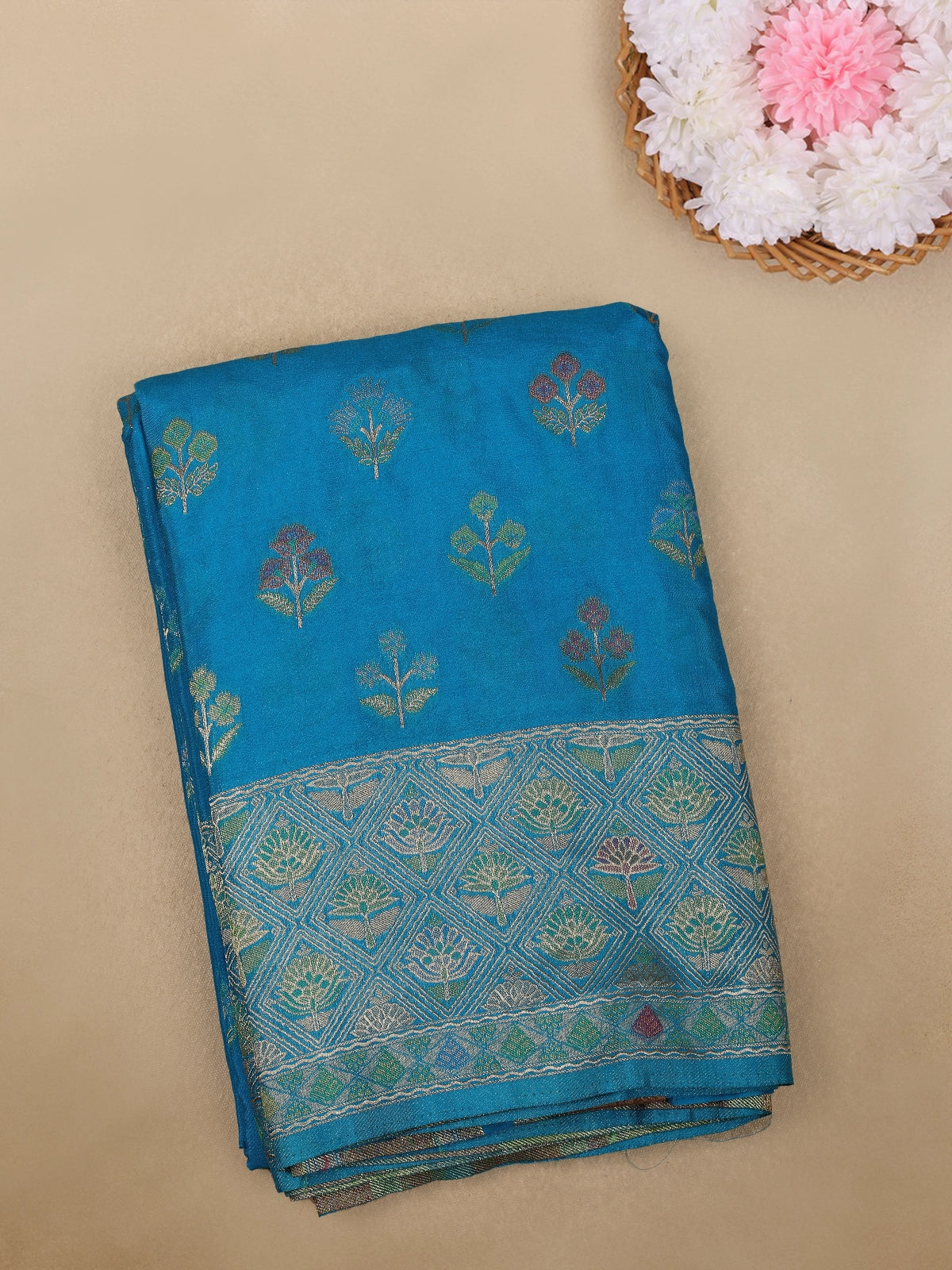 Teal Blue Floral Butta Design Georgette Saree