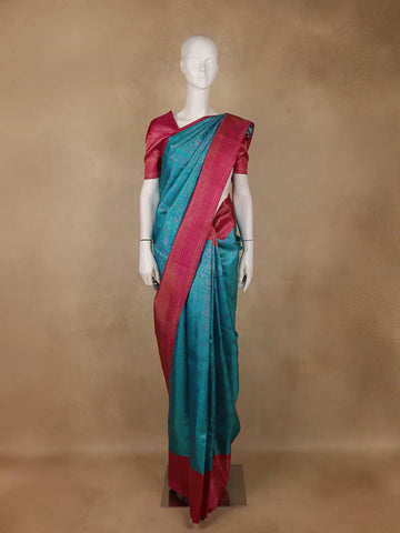 Teal Blue Floral Design Kanchipuram Silk Saree With Contrast Blouse - Diadem