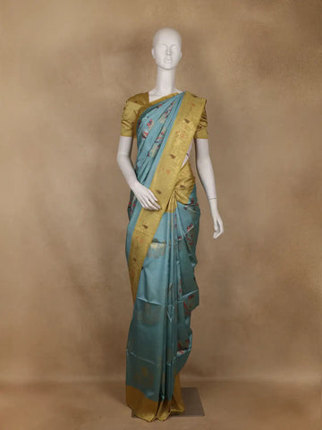 Teal Blue Floral Designed Semi Tussar Saree With Contrast Border - Diadem