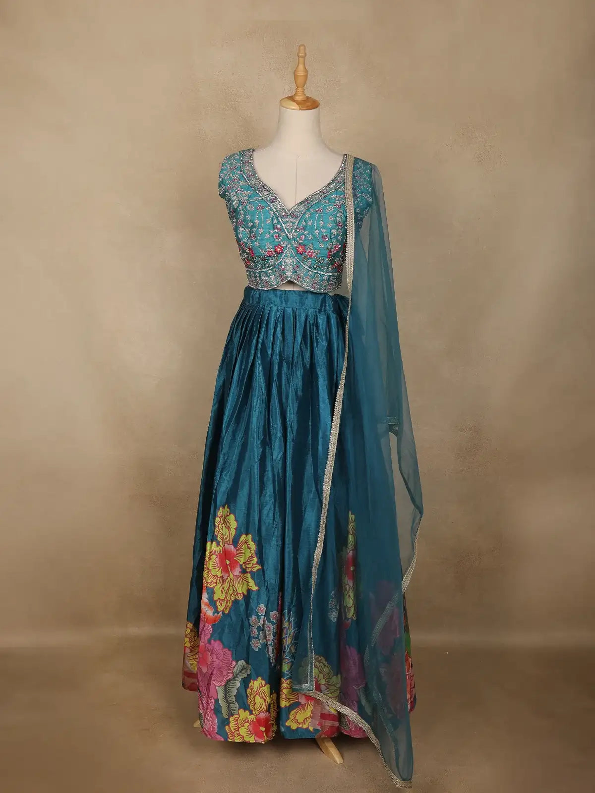 Teal Blue Floral Embroidered Design Chiffon Lehenga