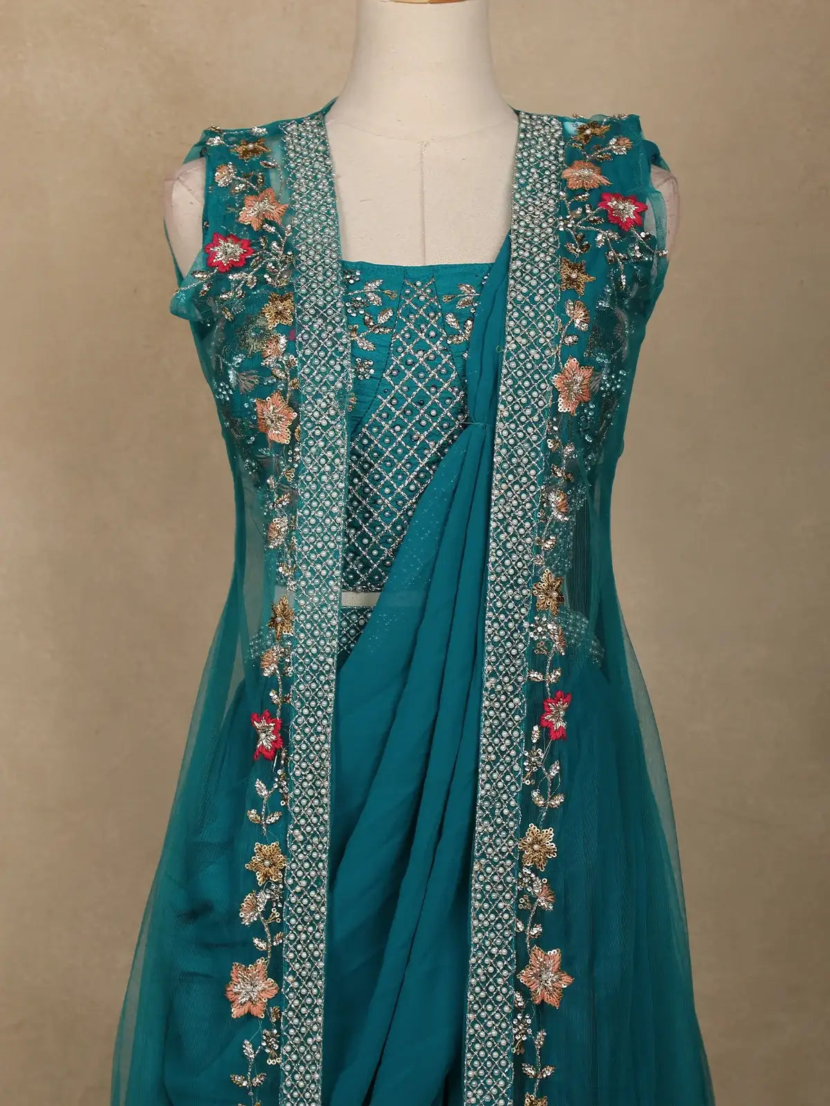 Teal Blue Floral Embroidered Design Chiffon Lehenga