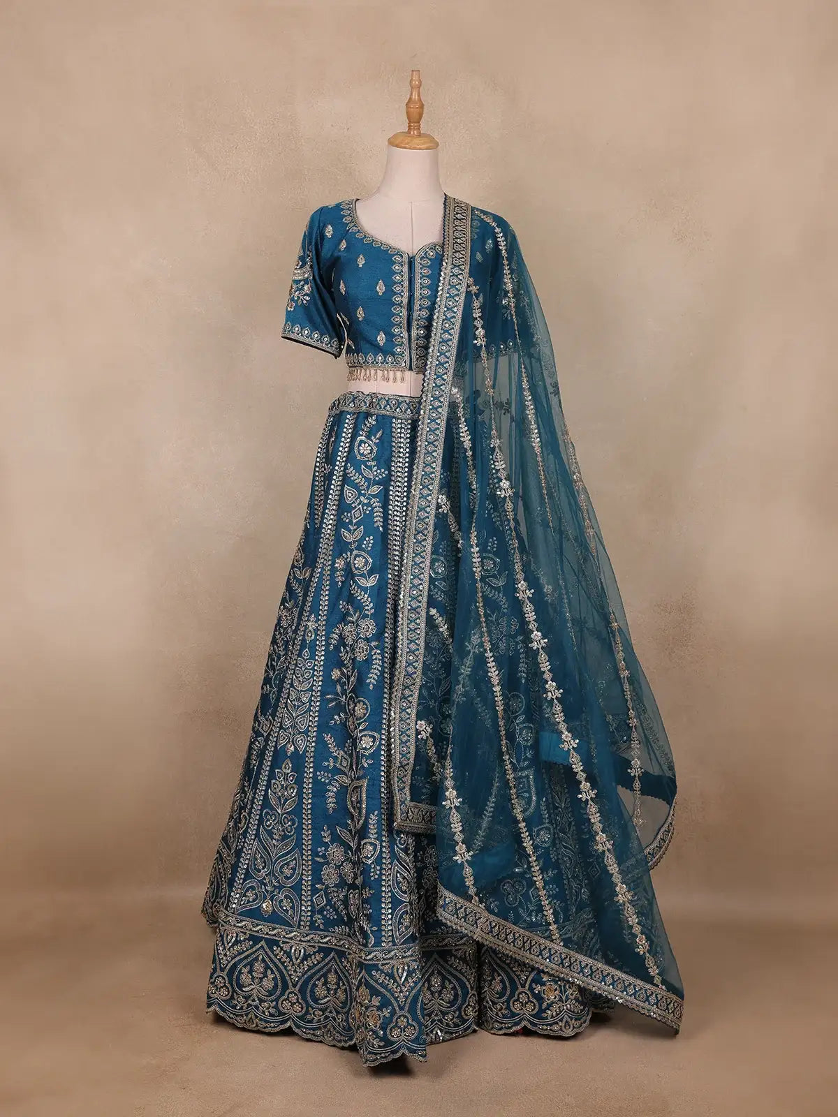 Teal Blue Floral Embroidered Silk Lehenga Set With Net Dupatta - Diadem