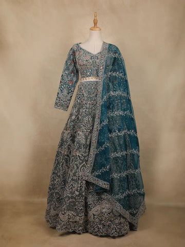 Teal Blue Floral Embroidery Bridal Net Lehenga - Diadem