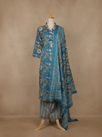 Teal Blue Floral Printed Cotton Salwar Suit With Dupatta - Diadem