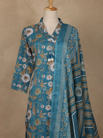 Teal Blue Floral Printed Cotton Salwar Suit With Dupatta - Diadem