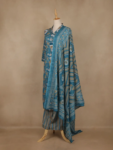 Teal Blue Floral Printed Cotton Salwar Suit With Dupatta - Diadem