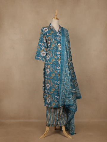 Teal Blue Floral Printed Cotton Salwar Suit With Dupatta - Diadem