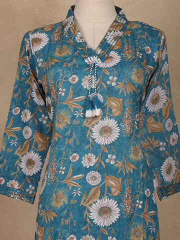 Teal Blue Floral Printed Cotton Salwar Suit With Dupatta - Diadem