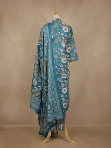 Teal Blue Floral Printed Cotton Salwar Suit With Dupatta - Diadem