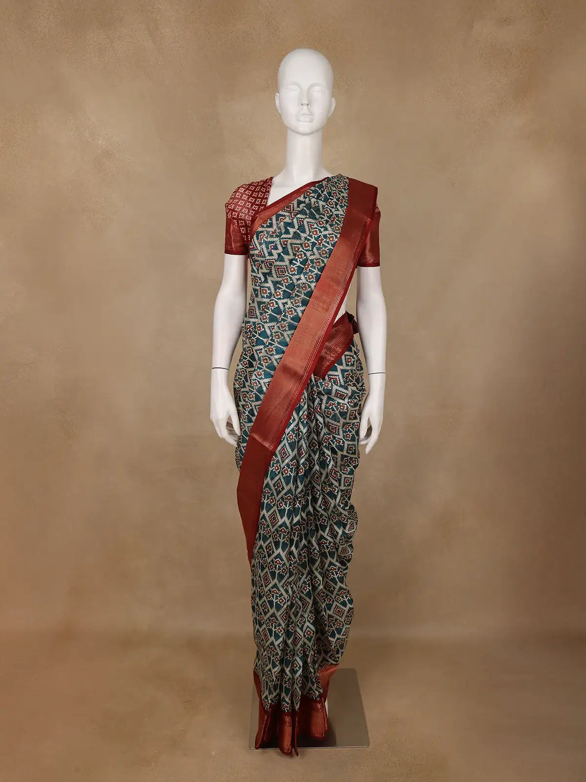 Teal Blue Geometric Design Semi Tussar Saree - Diadem
