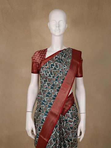 Teal Blue Geometric Design Semi Tussar Saree - Diadem