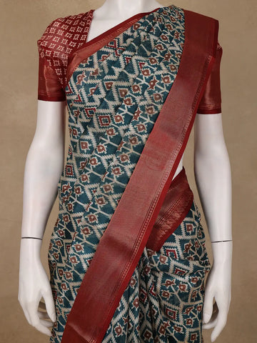 Teal Blue Geometric Design Semi Tussar Saree - Diadem