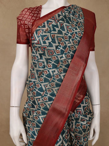 Teal Blue Geometric Design Semi Tussar Saree - Diadem