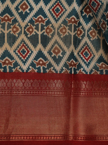 Teal Blue Geometric Design Semi Tussar Saree - Diadem