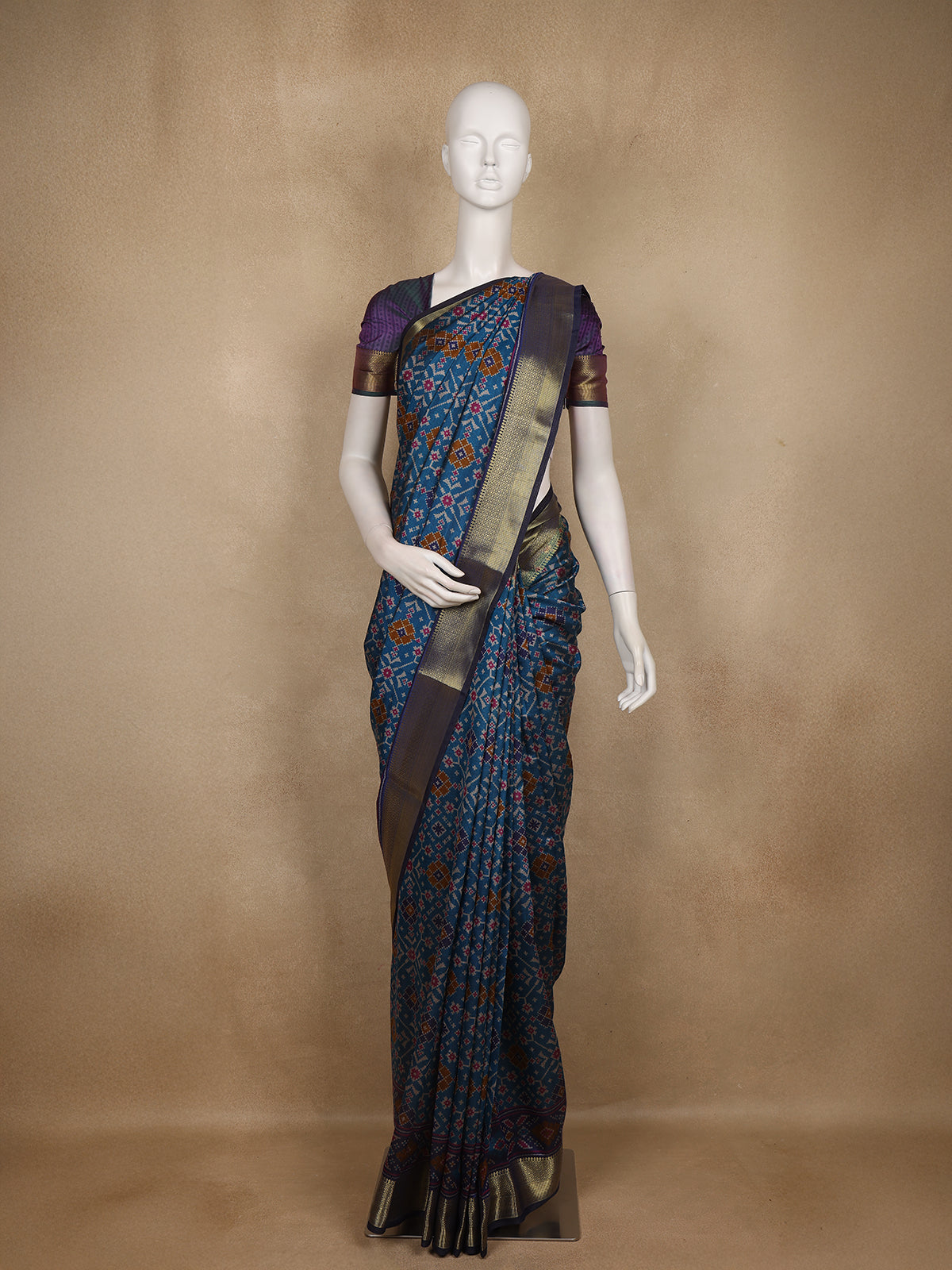 Teal Blue Geometric Woven Design Cotton Saree with Contrast Purple Zari Border