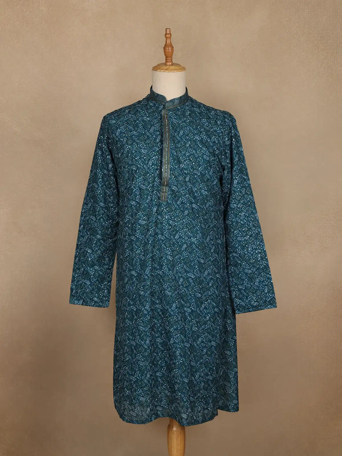 Teal Blue Leaf Motif Printed Cotton Kurta For Men - Diadem