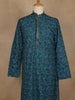 Teal Blue Leaf Motif Printed Cotton Kurta For Men - Diadem