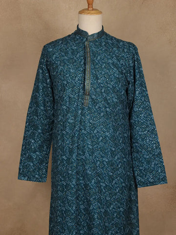 Teal Blue Leaf Motif Printed Cotton Kurta For Men - Diadem