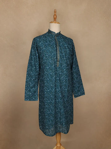 Teal Blue Leaf Motif Printed Cotton Kurta For Men - Diadem