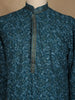 Teal Blue Leaf Motif Printed Cotton Kurta For Men - Diadem