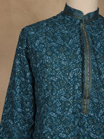 Teal Blue Leaf Motif Printed Cotton Kurta For Men - Diadem