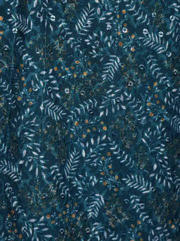 Teal Blue Leaf Motif Printed Cotton Kurta For Men - Diadem