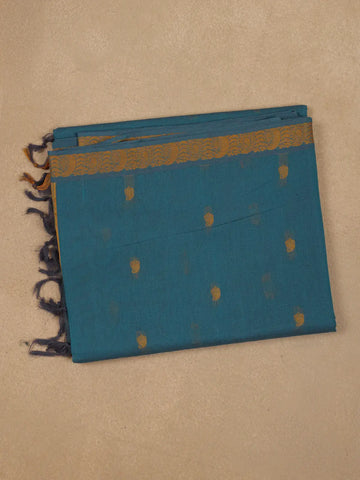 Teal Blue Paisley Butta Woven Cotton Saree With Zari Border - Diadem