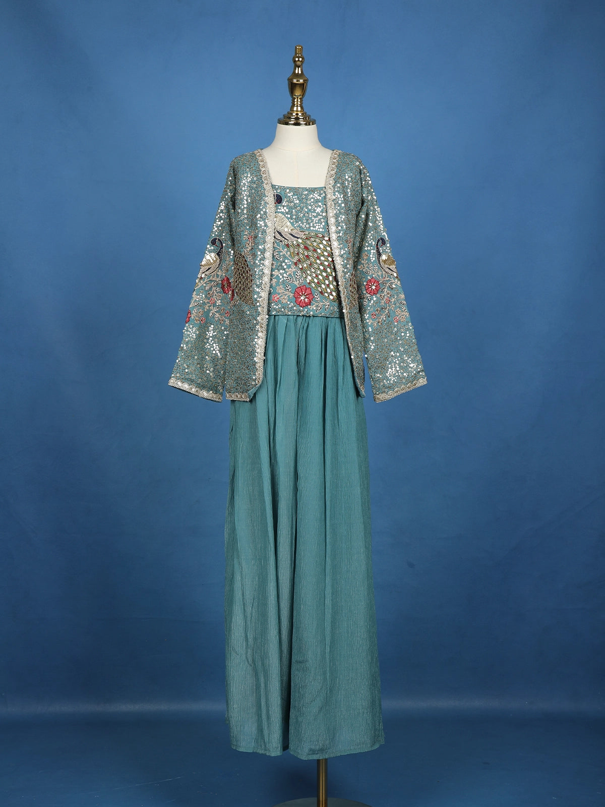 Teal Blue Peacock Embroidered Georgette Kids Palazzo Suit