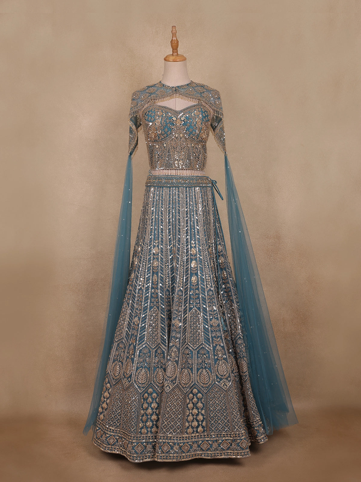 Teal Blue Sequins Embroidered Design Net Lehenga with Cape Dupatta