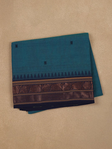 Teal Blue Small Motif Woven Cotton Saree With Contrast Zari Border - Diadem