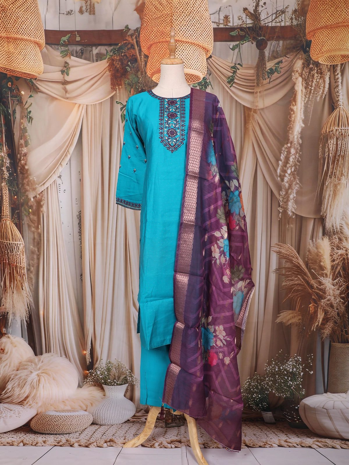 Teal Blue Solid Design Cotton Straight-Cut Salwar Suit with Floral Dupatta
