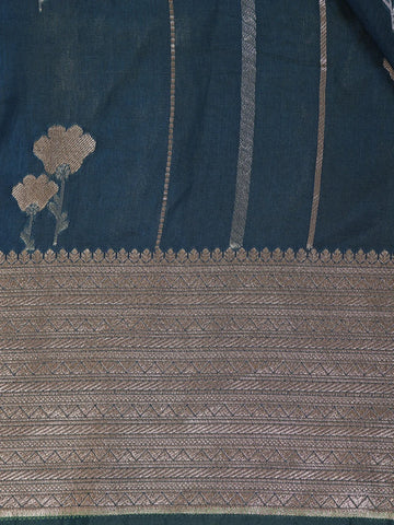 Teal Blue Stripes And Floral Woven Banarasi Silk Saree With Zari Border - Diadem