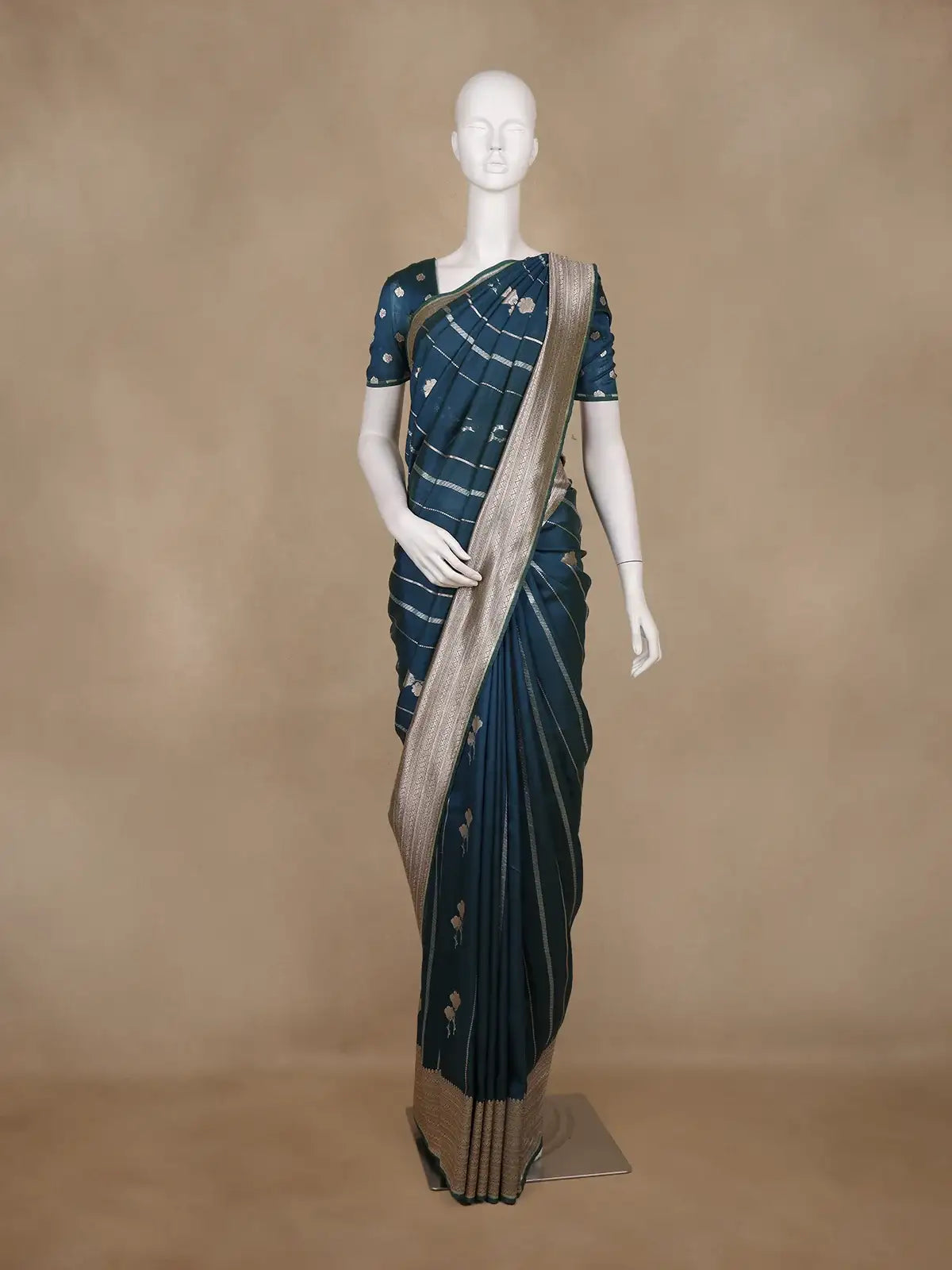 Teal Blue Stripes And Floral Woven Banarasi Silk Saree With Zari Border - Diadem