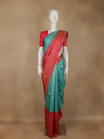 Teal Blue Stripes Zari Design Silk Saree - Diadem