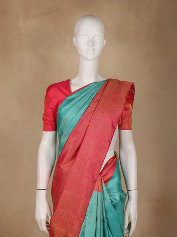 Teal Blue Stripes Zari Design Silk Saree - Diadem