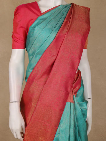 Teal Blue Stripes Zari Design Silk Saree - Diadem