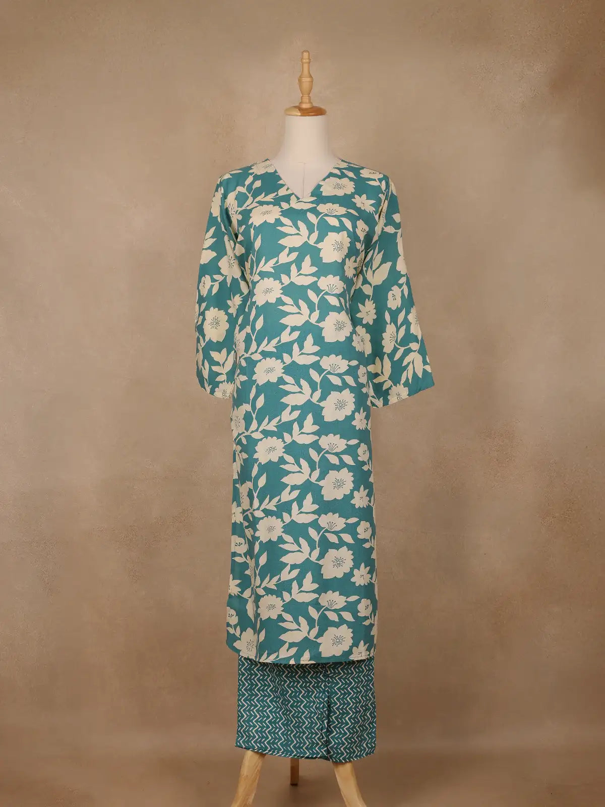 Teal Blue and Ivory Floral Printed Satin Salwar Suit - Diadem