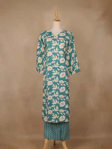 Teal Blue and Ivory Floral Printed Satin Salwar Suit - Diadem