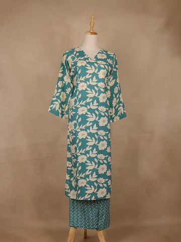 Teal Blue and Ivory Floral Printed Satin Salwar Suit - Diadem
