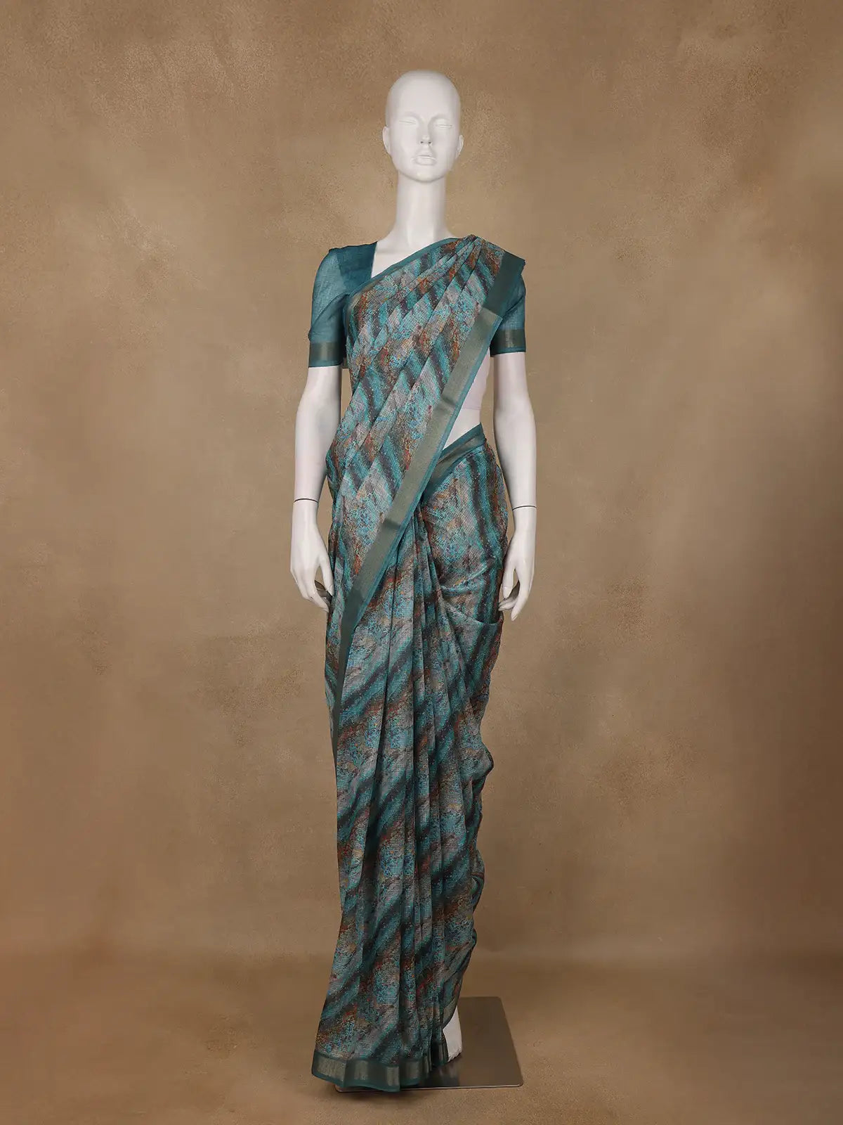 Teal Green Abstract Design Semi Tissue Silk Saree - Diadem