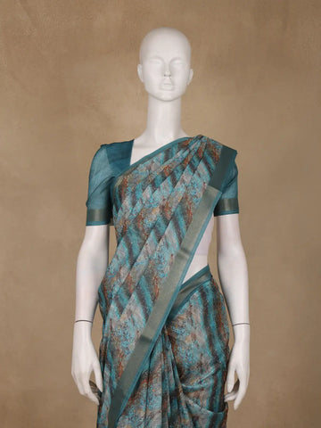 Teal Green Abstract Design Semi Tissue Silk Saree - Diadem