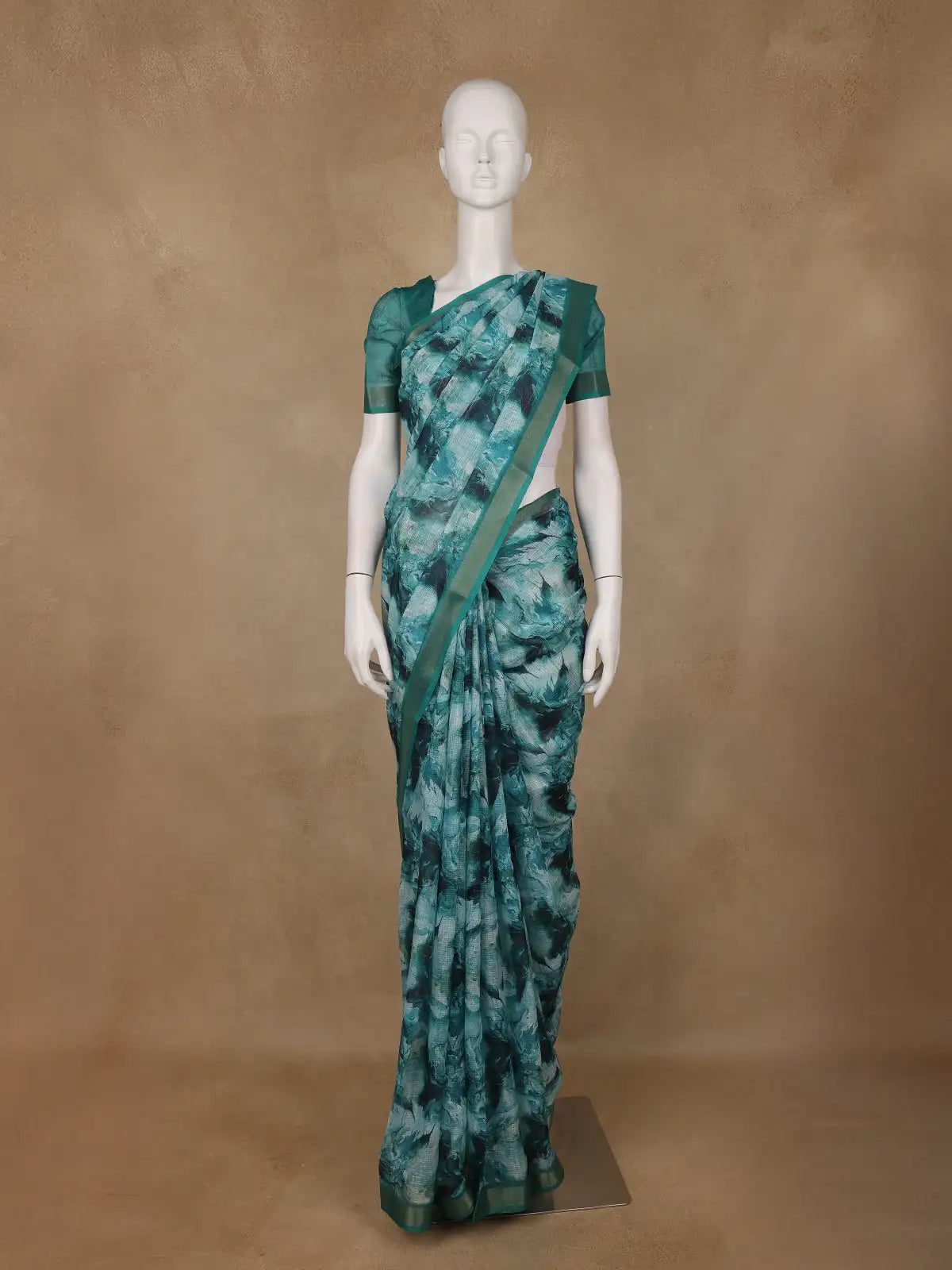 Teal Green Abstract Print Design Linen Cotton Saree - Diadem