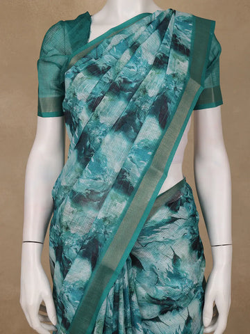 Teal Green Abstract Print Design Linen Cotton Saree - Diadem