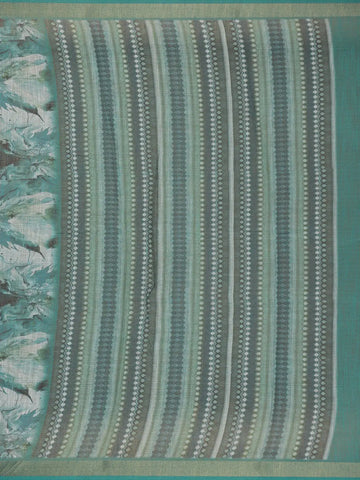 Teal Green Abstract Print Design Linen Cotton Saree - Diadem