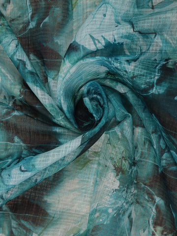 Teal Green Abstract Print Design Linen Cotton Saree - Diadem