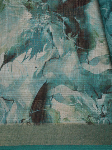 Teal Green Abstract Print Design Linen Cotton Saree - Diadem