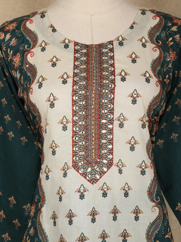 Teal Green And Cream Floral Printed Cotton Salwar Suit with Dupatta - Diadem