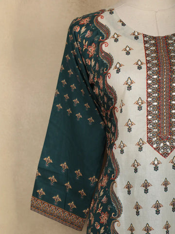 Teal Green And Cream Floral Printed Cotton Salwar Suit with Dupatta - Diadem
