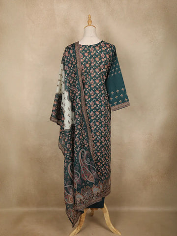 Teal Green And Cream Floral Printed Cotton Salwar Suit with Dupatta - Diadem